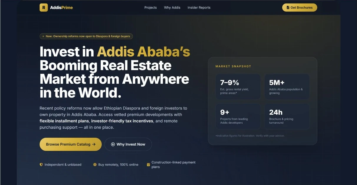 AddisPrime homepage: invest in Addis Ababa real estate from anywhere in the world