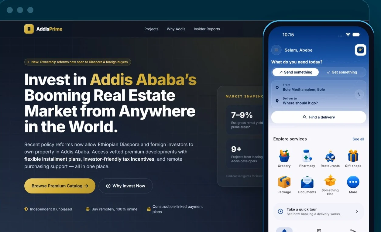 AddisPrime investor site on desktop and the Hulu Marketplace app on mobile, both built by InfoBits