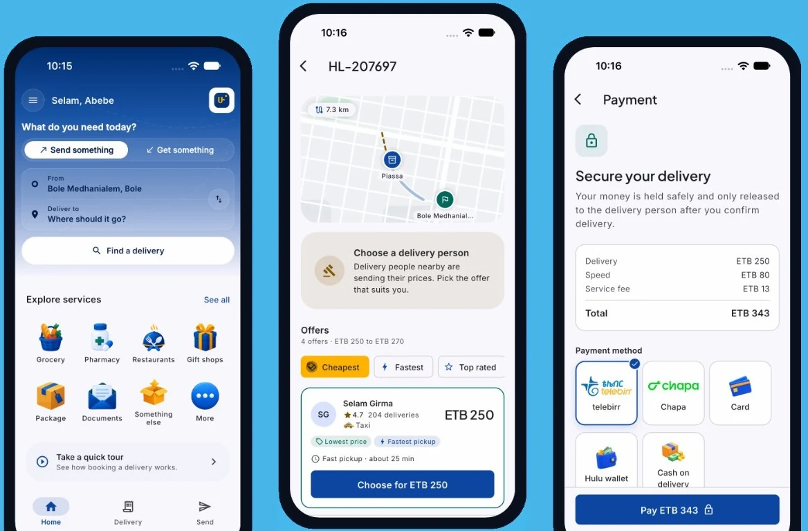 Hulu Marketplace app: home screen, courier offers on a live map, and escrow payment with telebirr and Chapa